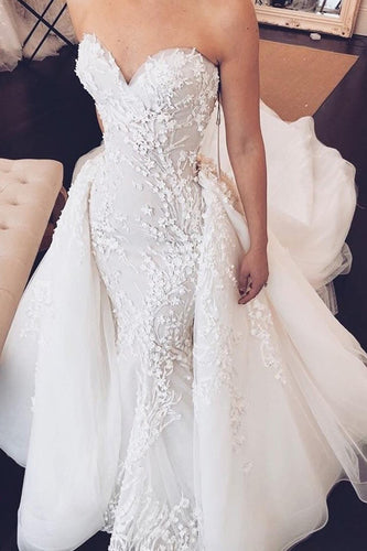 Sweetheart Mermaid Strapless Lace Appliques Wedding Dress with Detachable Train RS934