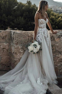 Sweetheart Strapless Lace Rustic Wedding Dresses Long Tulle Beach Wedding Dress W1066