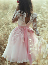Load image into Gallery viewer, A-Line Pink Long Sleeves Sweetheart Lace Tulle Short Mini Homecoming Dresses RS575
