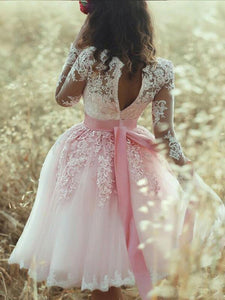 A-Line Pink Long Sleeves Sweetheart Lace Tulle Short Mini Homecoming Dresses RS575