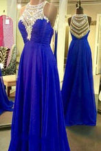 Load image into Gallery viewer, Royal Blue Sparkle Beads Halter Pretty Illusion High Neck Chiffon Prom Dresses RS405