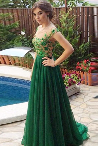 A Line Appliques Cheap Sweetheart Round Neck Green Tulle Long Prom Dresses RS54
