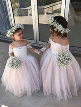 Load image into Gallery viewer, Cute Off the Shoulder Long Sleeve Pink Lace Appliques Tulle Flower Girl Dresses RS289