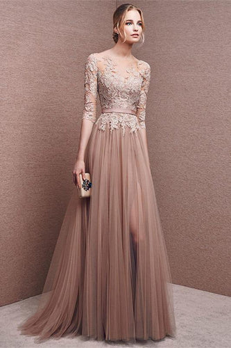 Elegant long lace long sleeve prom dress a line prom dress charming affordable prom dress RS123