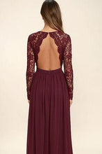Load image into Gallery viewer, Long Sleeves V-Neck Lace Chiffon Open Back Floor-Length A-Line Burgundy Bridesmaid Dress RS168
