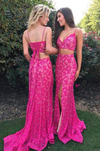 Load image into Gallery viewer, Two Pieces Mermaid Spaghetti Straps V-Neck Fuchsia Lace Split Lace up Prom Dresses RS264