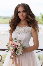 Load image into Gallery viewer, A Line Nude Tulle Pink Lace Appliqued Ball Gown Lace up Beach Wedding Dresses RS918
