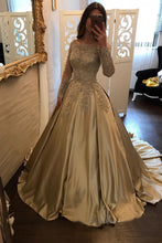 Load image into Gallery viewer, Satin Ball Gown Gold Long Sleeves Scoop Lace Appliques Beads Floor Length Prom Dresses RS771