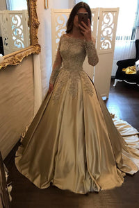 Satin Ball Gown Gold Long Sleeves Scoop Lace Appliques Beads Floor Length Prom Dresses RS771
