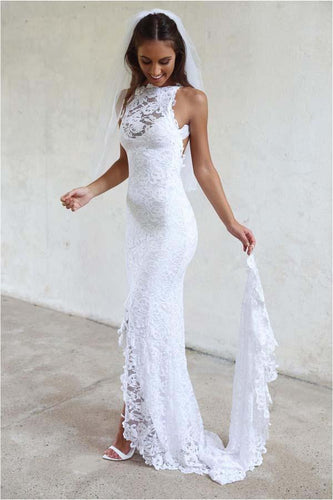 Sheath White Mermaid Round Neck Sweep Train Open Back Lace Wedding Dress with Split RS26