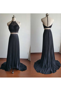 Gorgeous Halter Court Train Two Pieces Black Beads Chiffon Backless Prom Dresses RS776