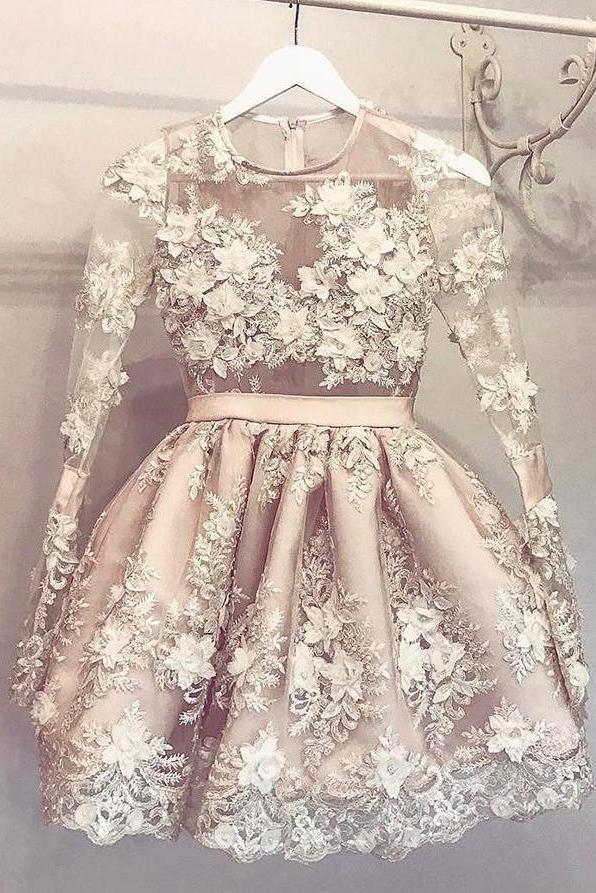 Hand-Made Flower Short Long Sleeves Appliques Lace Cute Prom Dress Homecoming Dress RS246