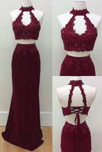 Load image into Gallery viewer, Mermaid Two Piece Burgundy Modest Long Halter Open Back Beads Prom Dresses RS186