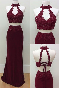 Mermaid Two Piece Burgundy Modest Long Halter Open Back Beads Prom Dresses RS186