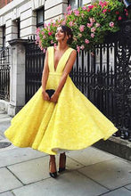 Load image into Gallery viewer, A-Line Deep V-Neck Cute Yellow Tea Length Sleeveless Open Back Lace Prom Dresses RS475