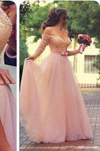 Load image into Gallery viewer, Off Shoulder Half Sleeves Pink Long Party Sweetheart Sash Bow Beads Pearls Prom Dresses RS720