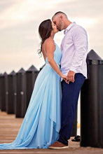 Load image into Gallery viewer, Thigh Split Sky Blue Rustic Wedding Dresses Beach Wedding Gown with Court Train W1016