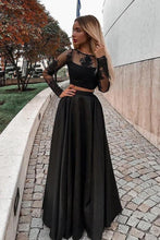Load image into Gallery viewer, Two Piece Black Long Sleeve Scoop Jewel Appliques Prom Dresses with Satin RS683