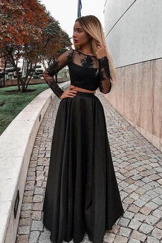 Two Piece Black Long Sleeve Scoop Jewel Appliques Prom Dresses with Satin RS683