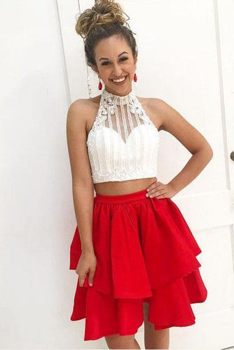 Two Piece High Neck Beads Red Sleeveless Tiered Homecoming Dresses Short Dresses RS868