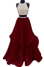 Load image into Gallery viewer, Two Piece High Neck Burgundy Prom Dress Beaded Open Back Evening Gowns RS499