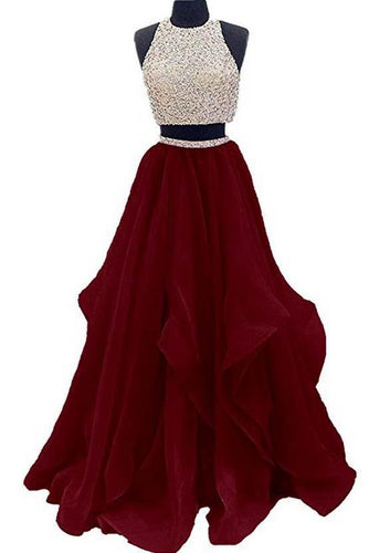 Two Piece High Neck Burgundy Prom Dress Beaded Open Back Evening Gowns RS499