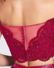 Load image into Gallery viewer, Two Pieces Burgundy Satin Off the Shoulder Homecoming Dresses with Embroidery H1187