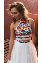 Load image into Gallery viewer, Two Pieces Embroidery Prom Dresses Unique Halter Open Back Formal Dress with Tulle P1041