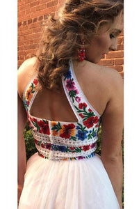 Two Pieces Embroidery Prom Dresses Unique Halter Open Back Formal Dress with Tulle P1041
