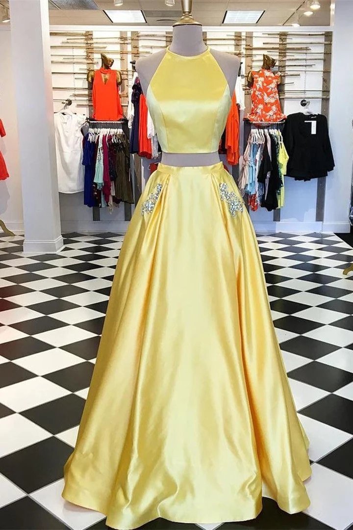 Buy Two Pieces Halter Open Back Yellow Prom Dresses Beads Evening ...
