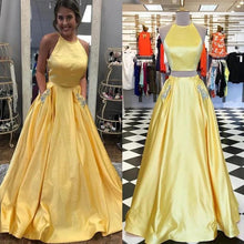 Load image into Gallery viewer, Two Pieces Halter Open Back Yellow Prom Dresses Beads Evening Dresses with Pockets P1121