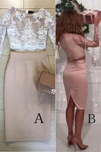 Load image into Gallery viewer, Two Pieces Long Sleeve Lace Knee Length Homecoming Dresses Sheath Short Prom Dress H1254
