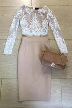 Load image into Gallery viewer, Two Pieces Long Sleeve Lace Knee Length Homecoming Dresses Sheath Short Prom Dress H1254