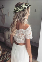 Load image into Gallery viewer, Two Pieces Short Sleeve Off the Shoulder Ivory Lace Beach Wedding Dresses with Chiffon W1023