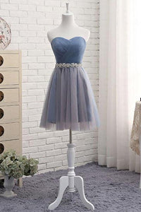 Cute A Line Sweetheart Tulle Blue Strapless Beads Prom Dress Bridesmaid Dresses RS807