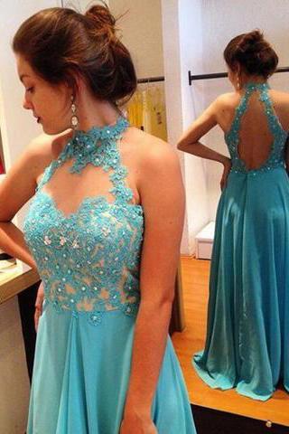 Stylish Halter Floor-Length Open Back Prom Dress with Beading Lace Top Prom Dresses RS584