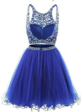 Load image into Gallery viewer, Jewel Neck Illusion Sequins Crystal Shining Two Piece Low Back Royal Blue Tulle Homecoming Dress RS877