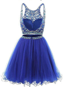 Jewel Neck Illusion Sequins Crystal Shining Two Piece Low Back Royal Blue Tulle Homecoming Dress RS877