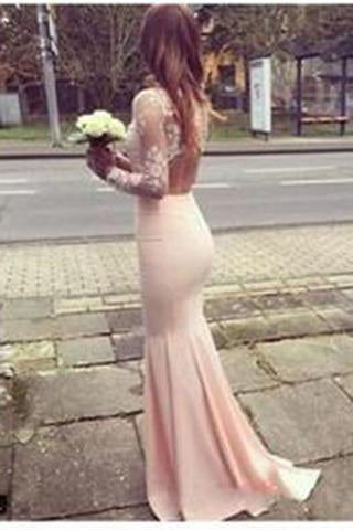 Modest Prom Dress High Neck Lace Pink evening dress Long Open Back Prom Dresses RS641