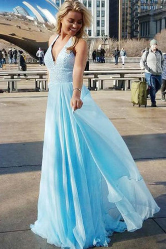 Elegant A-Line Deep V-Neck Blue Chiffon Sequins Sleeveless Prom Dresses RS521