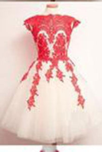 Vintage Scalloped-Edge Knee-Length White Homecoming Dress with Navy Blue Appliques RS487