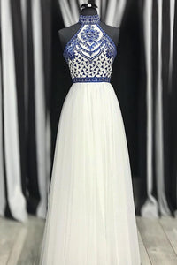 Unique A Line Halter White Tulle Prom Dresses Long Cheap Evening Dresses RS712