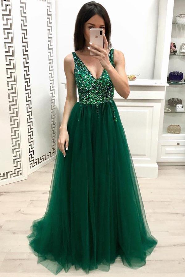 Unique A Line V Neck Beading Prom Dresses Long Tulle Green Evening Dresses RS893