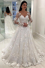 Load image into Gallery viewer, Unique Appliques V-Neck A-Line Long Sleeves Wedding Dress V Back Bridal Dresses RS474