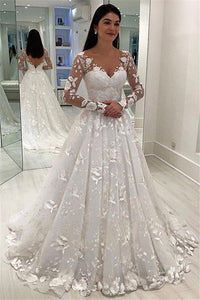 Unique Appliques V-Neck A-Line Long Sleeves Wedding Dress V Back Bridal Dresses RS474