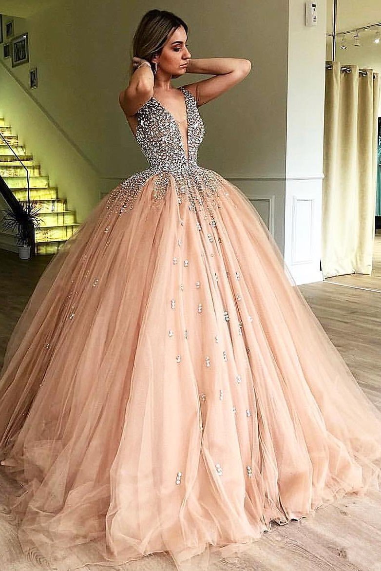 Unique Ball Gown V Neck Sleeveless Beading Tulle Prom Dresses Quinceanera Dress RS989