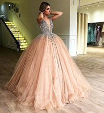 Load image into Gallery viewer, Unique Ball Gown V Neck Sleeveless Beading Tulle Prom Dresses Quinceanera Dress RS989