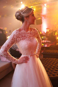 Unique Bateau Lace and Tulle Wedding Dresses Long Sleeves Bridal Dresses RS656