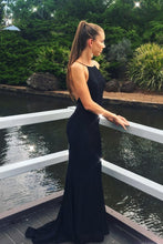 Load image into Gallery viewer, Unique Black Mermaid Lace Appliques Backless Spaghetti Straps Long Prom Dresses P1011
