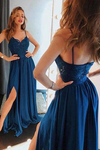 Unique Blue Spaghetti Straps Lace Prom Dresses Satin Sweetheart Side Slit Party Dress RS563